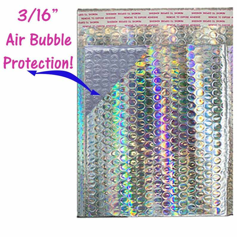7×11 Holographic, Ice Blue Metallic Bubble Mailers, Padded Self Sealing Envelope