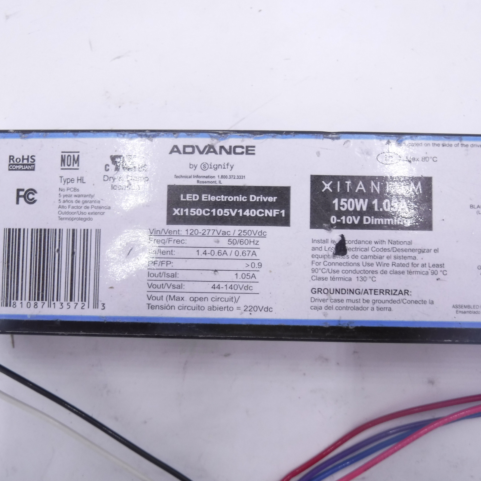 Philips Advance 100-277VAC 44-140VDC 150W LED Driver XI150C105V140CNF1M