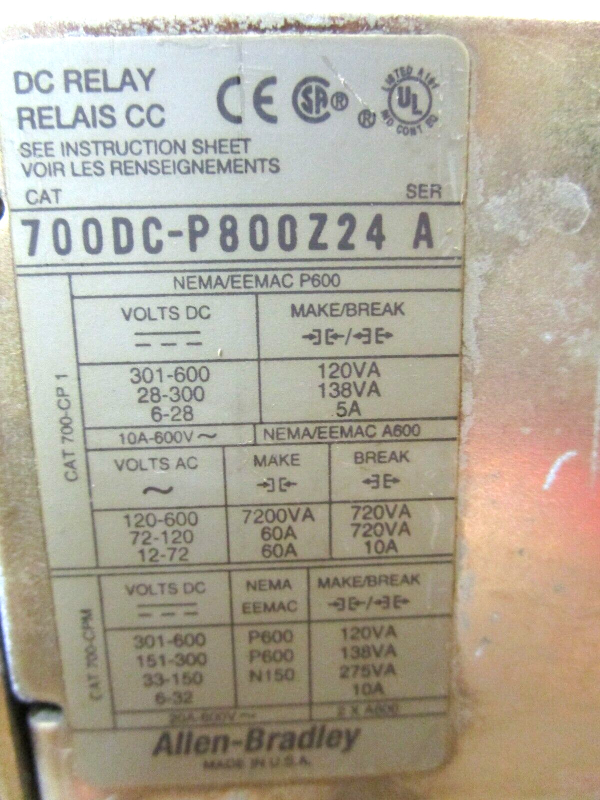 Allen-Bradley 700DC-P800Z24 700DC-PK800Z24 DC Relay Mixed Lot of 4 Pcs 50824HM