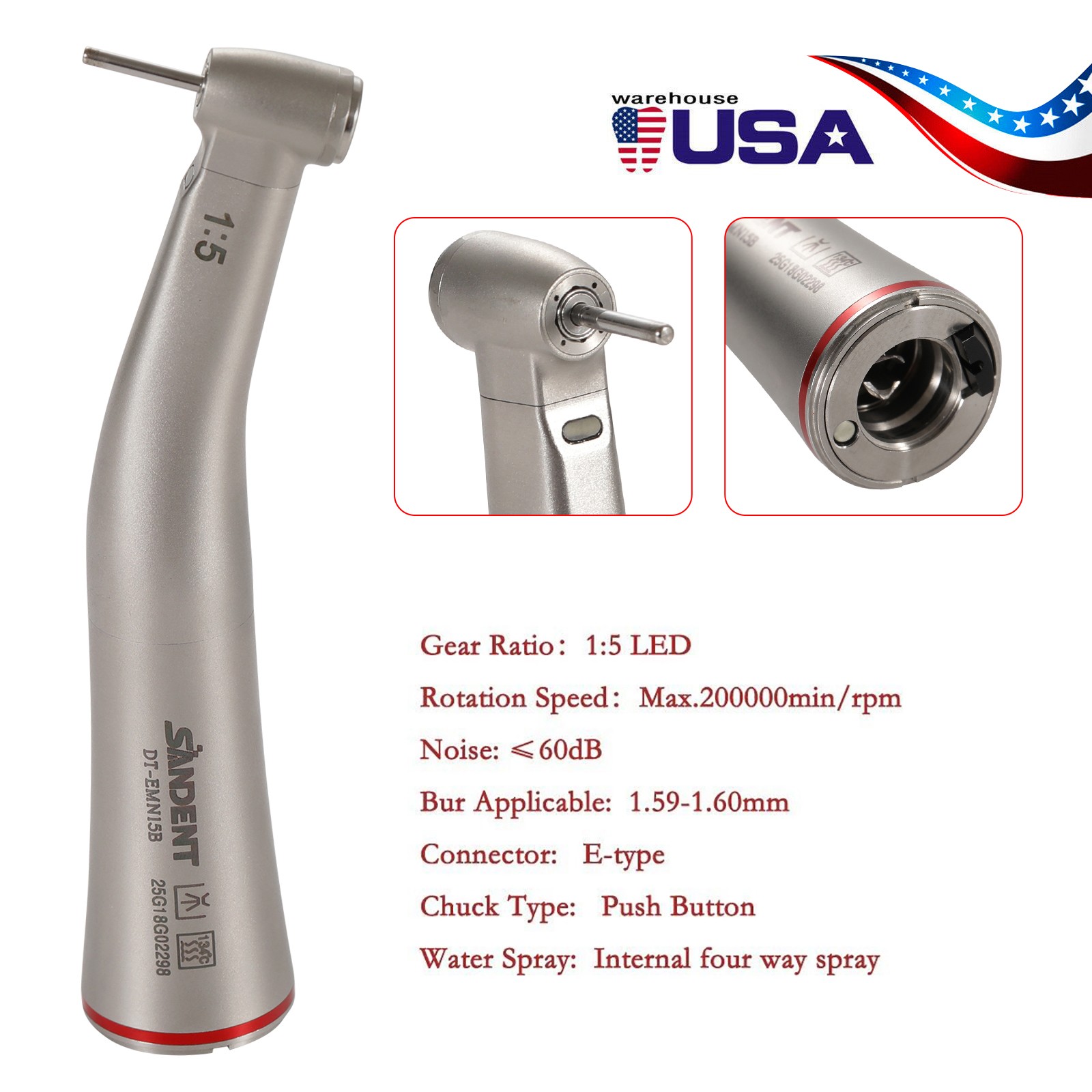 DT Dental 1:5 Mini Head Fiber Optic Contra Angle Handpiece LED Stainless Steel