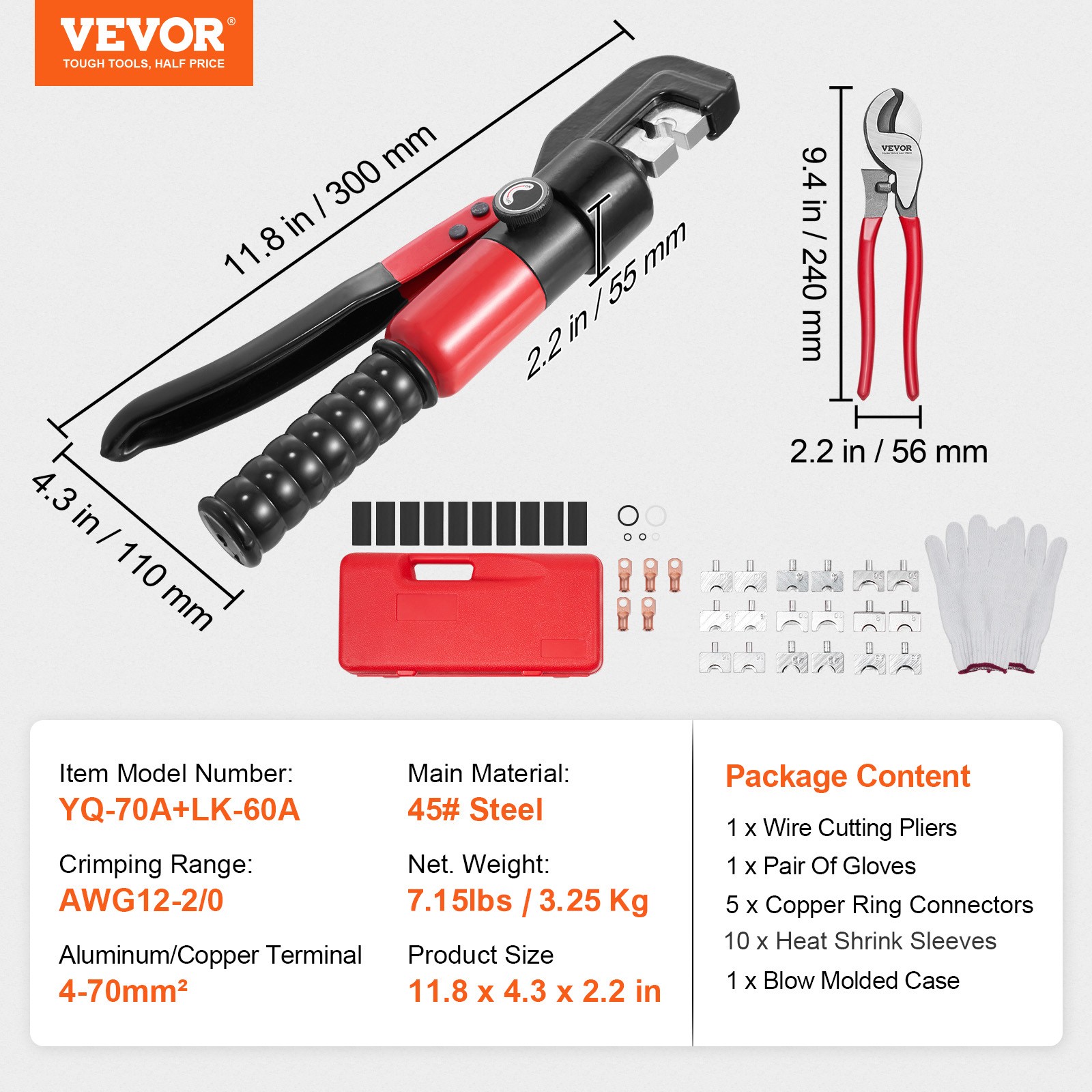VEVOR Crimping Tool Battery Lug Hydraulic Crimper AWG12-2/0 Terminal with Pliers