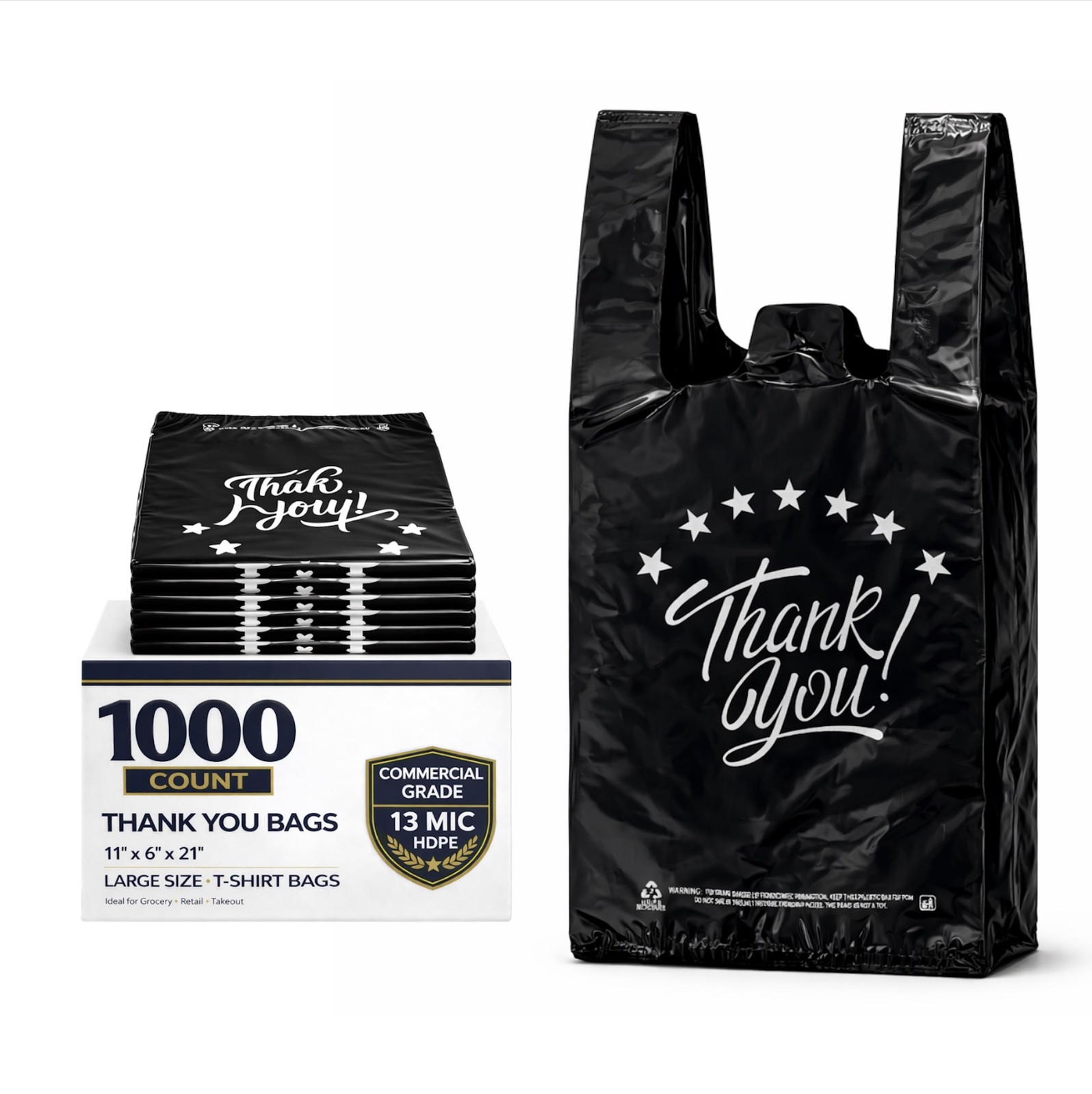 YoYoRain 1000 Count Black “Thank You” T-Shirt Bags – Reusable & Disposable Groce