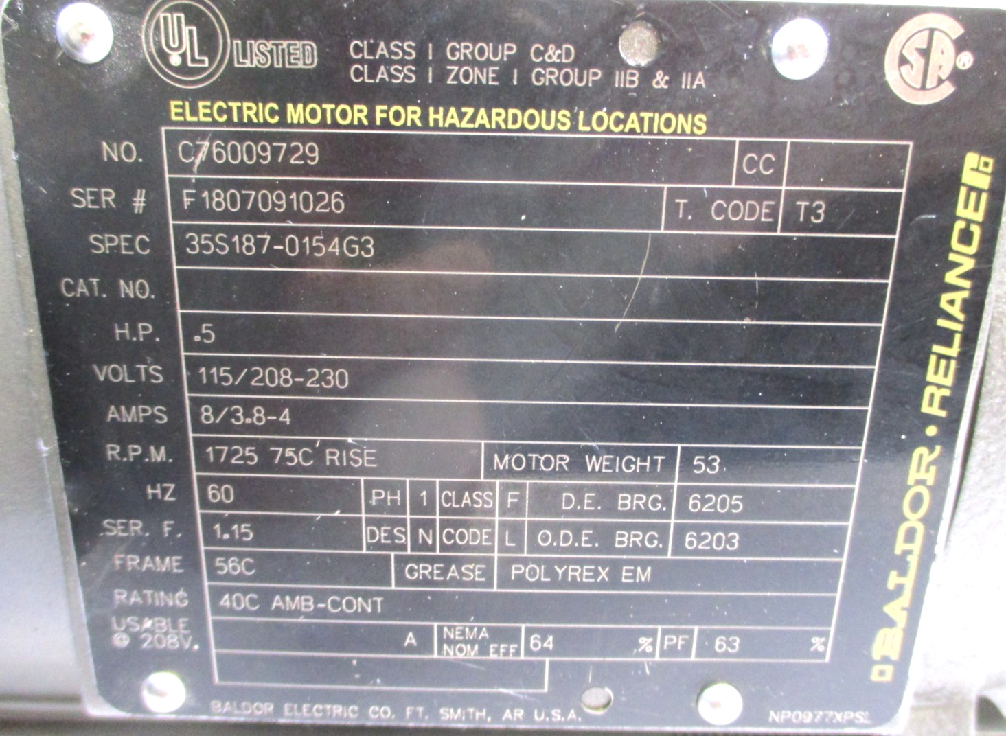 BALDOR ELECTRIC MOTOR, C76009729, w/ PUMP, 0.5-HP, 1725-RPM, CLEAN – USED