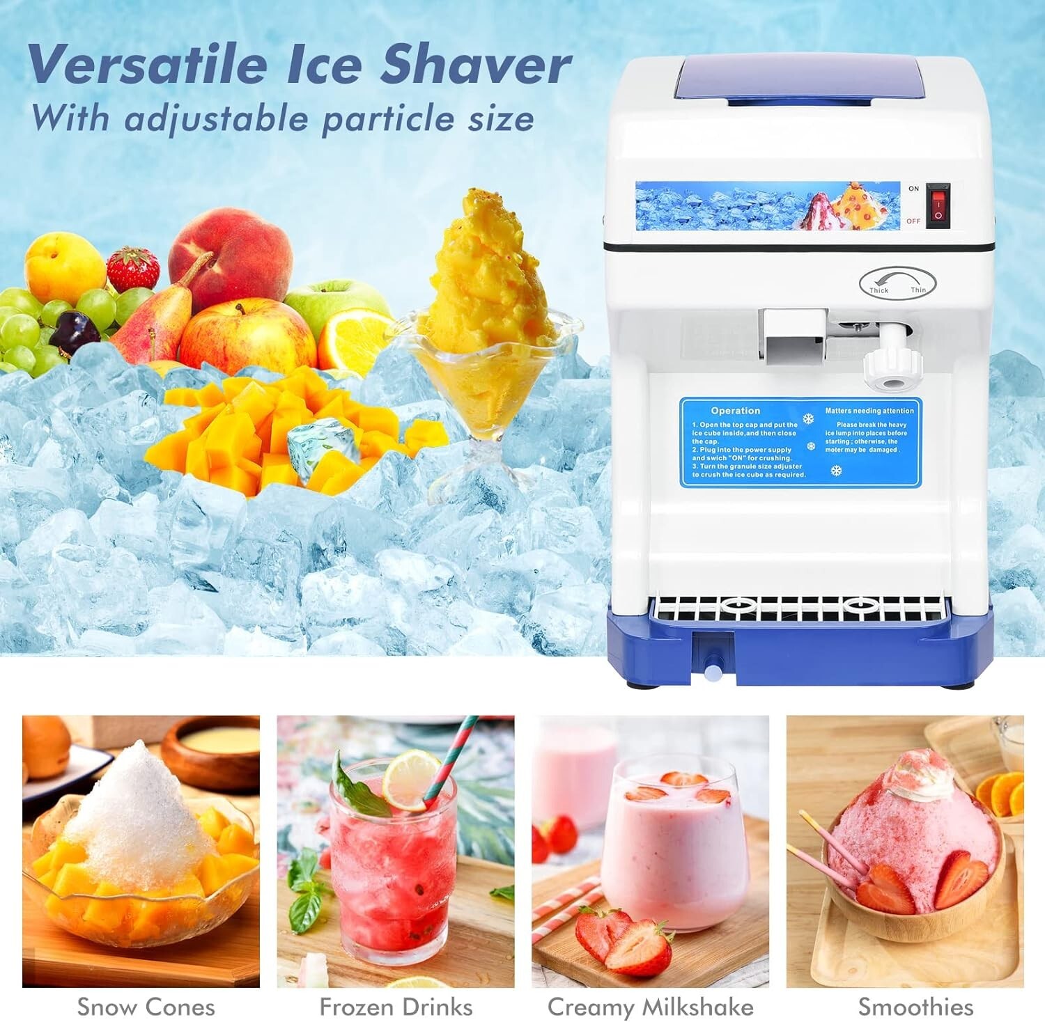 NSF Commercial Ice Shaver Snow Cone Maker 265lb/Hr Shaved Ice Machine 320 RPM
