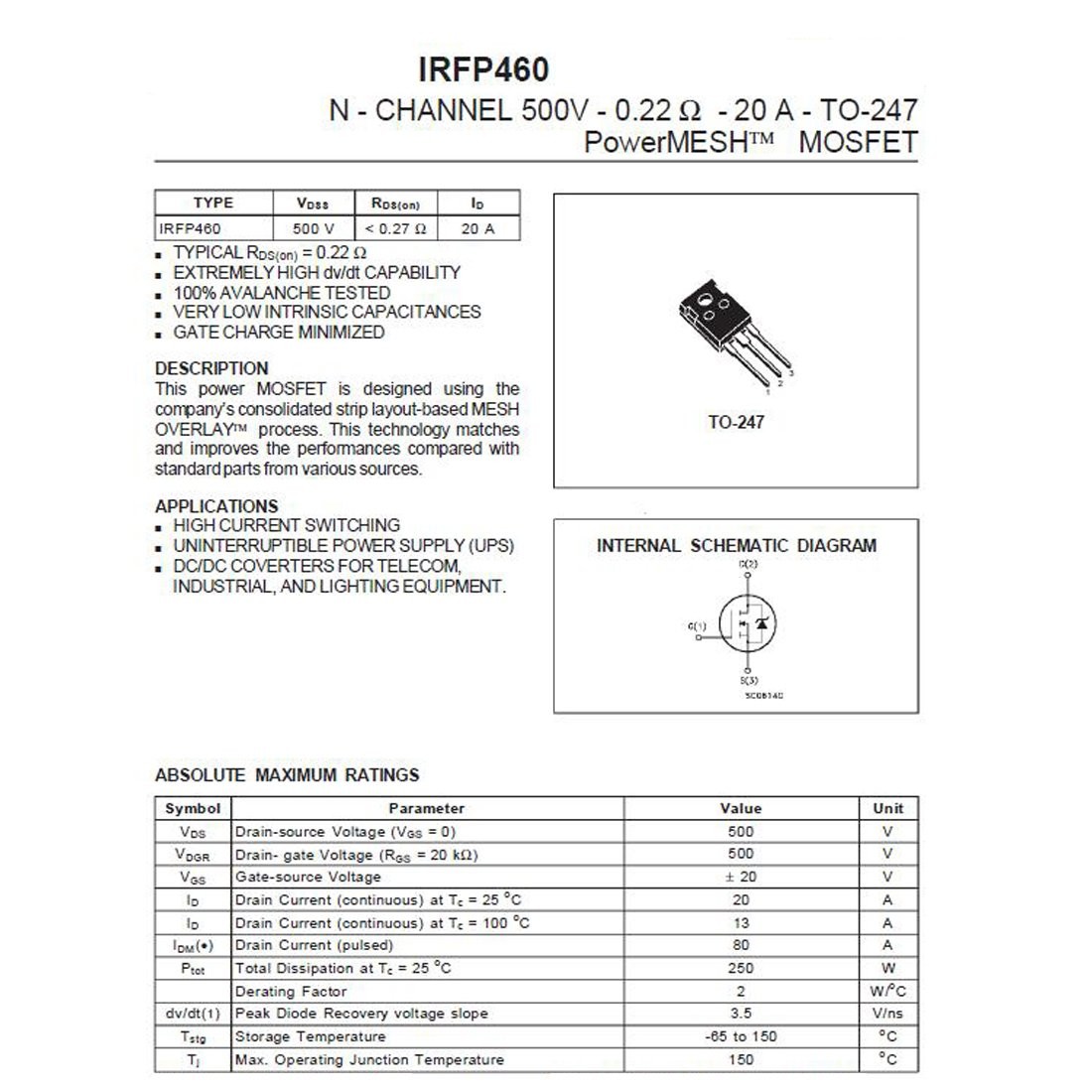 10pcs IRFP460 IRF460 Power MOSFET N-Channel Transistor IRFP460n 20A 500V TO-247