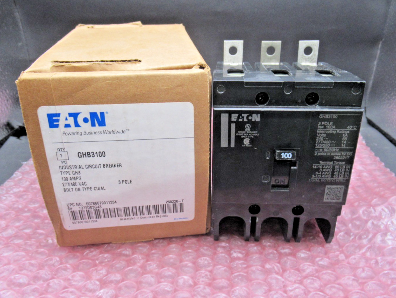 EATON GHB3100 Molded Case Circuit Breaker G Frame, 100A, 3P, 277/480VAC *NEW*