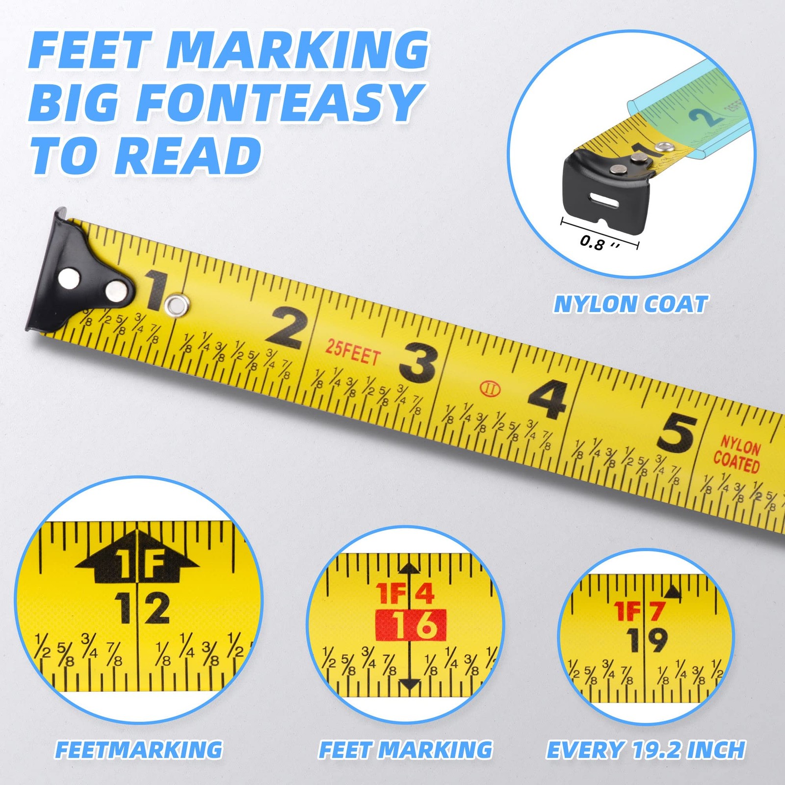 URASISTO Tape Measure 25FT with Fractions 1/8, Retractable 7.6 m, Black