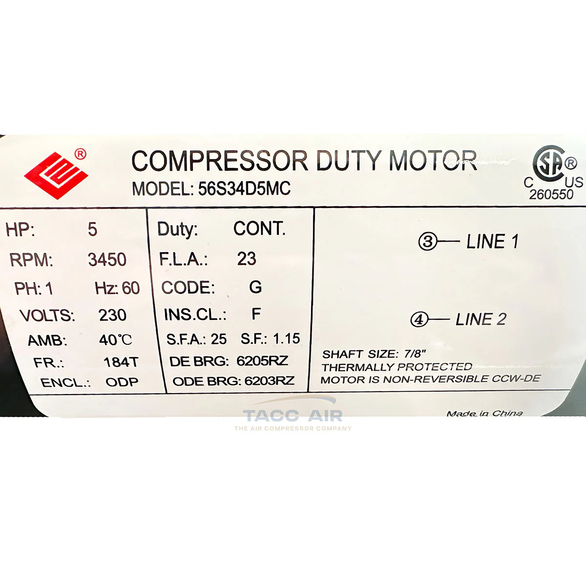 5 HP Air Compressor Electric Motor 3450 RPM 7/8″ Shaft 230 V Single Phase