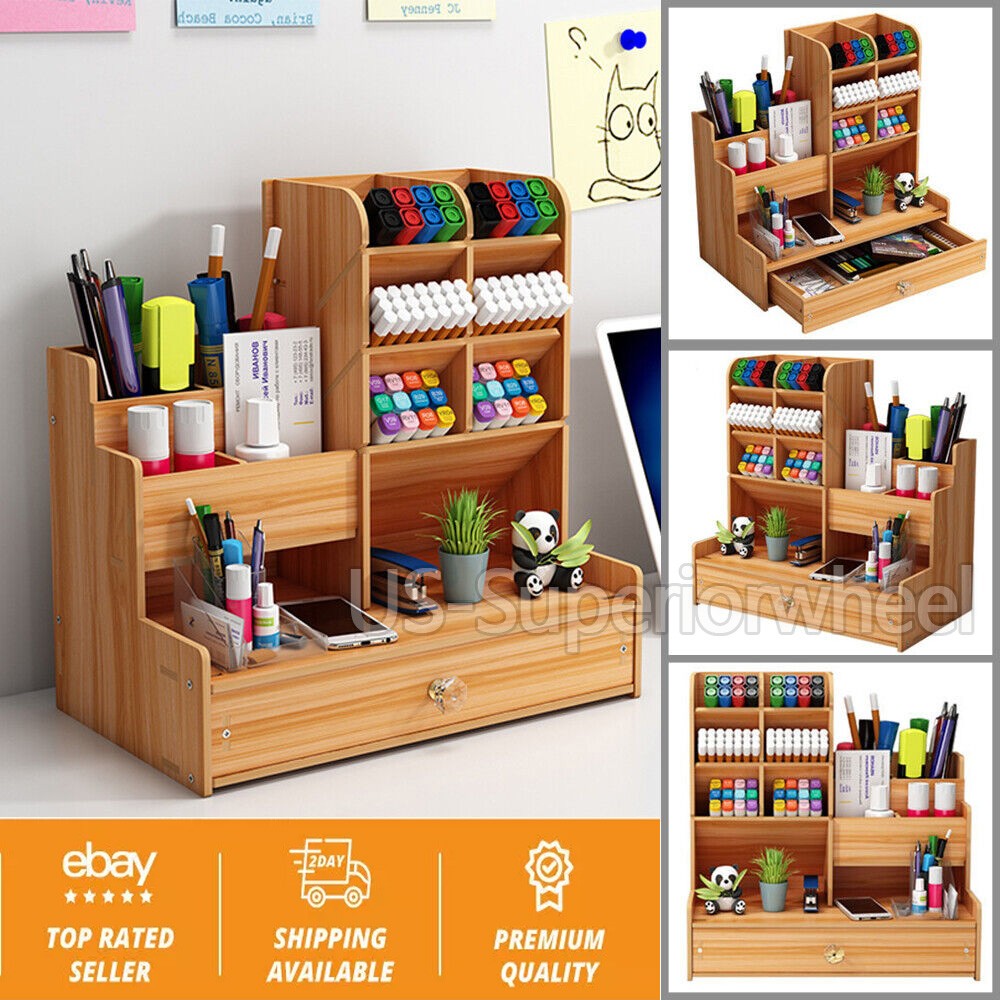 Multi-Level Wood Organization Rack Pencil Brush & Supply Holder Makeup Case