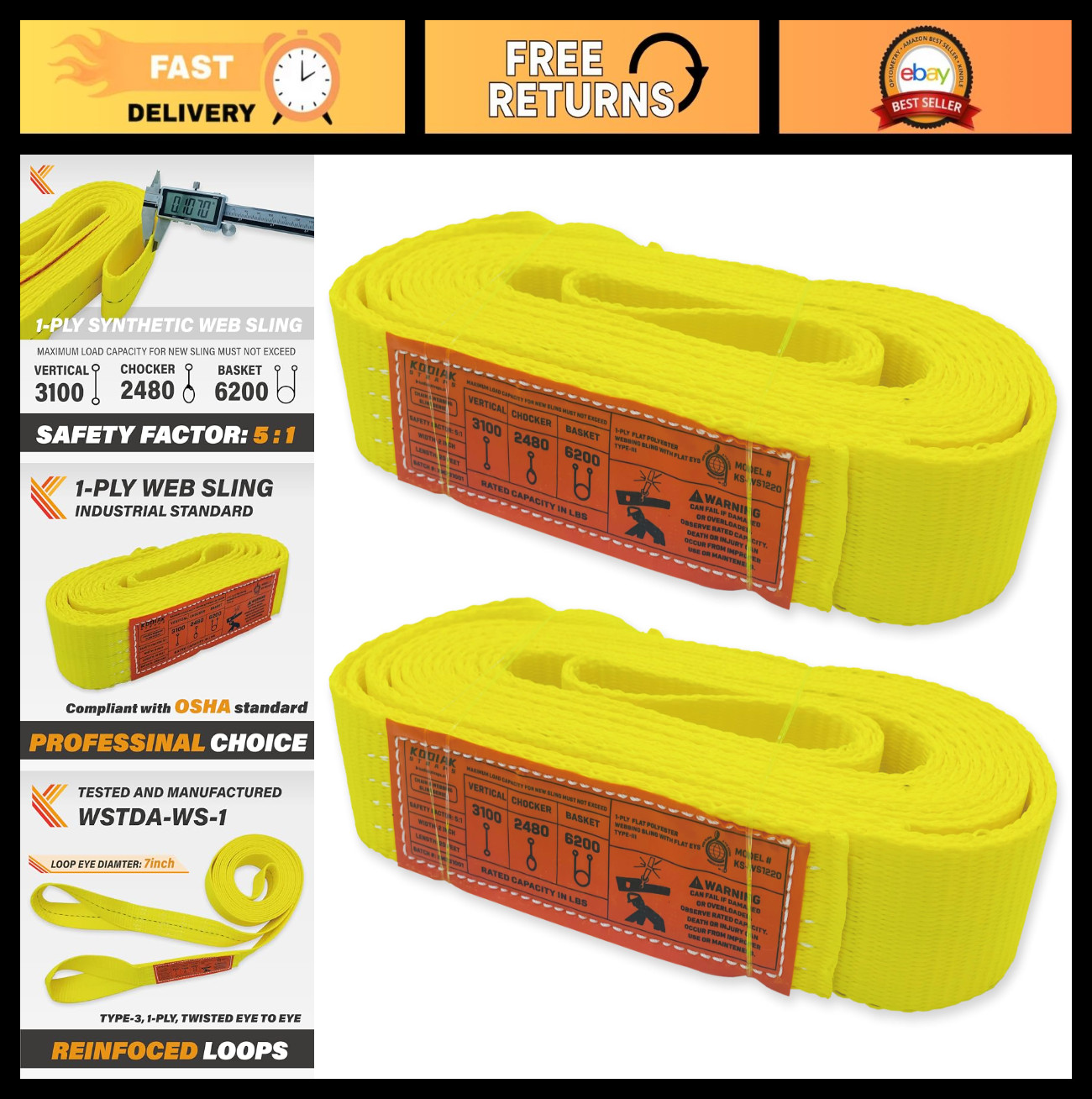 2″ x 20ft Heavy Duty Webbing Sling Straps – 2 Pack Lifting Rigging Towing Gear