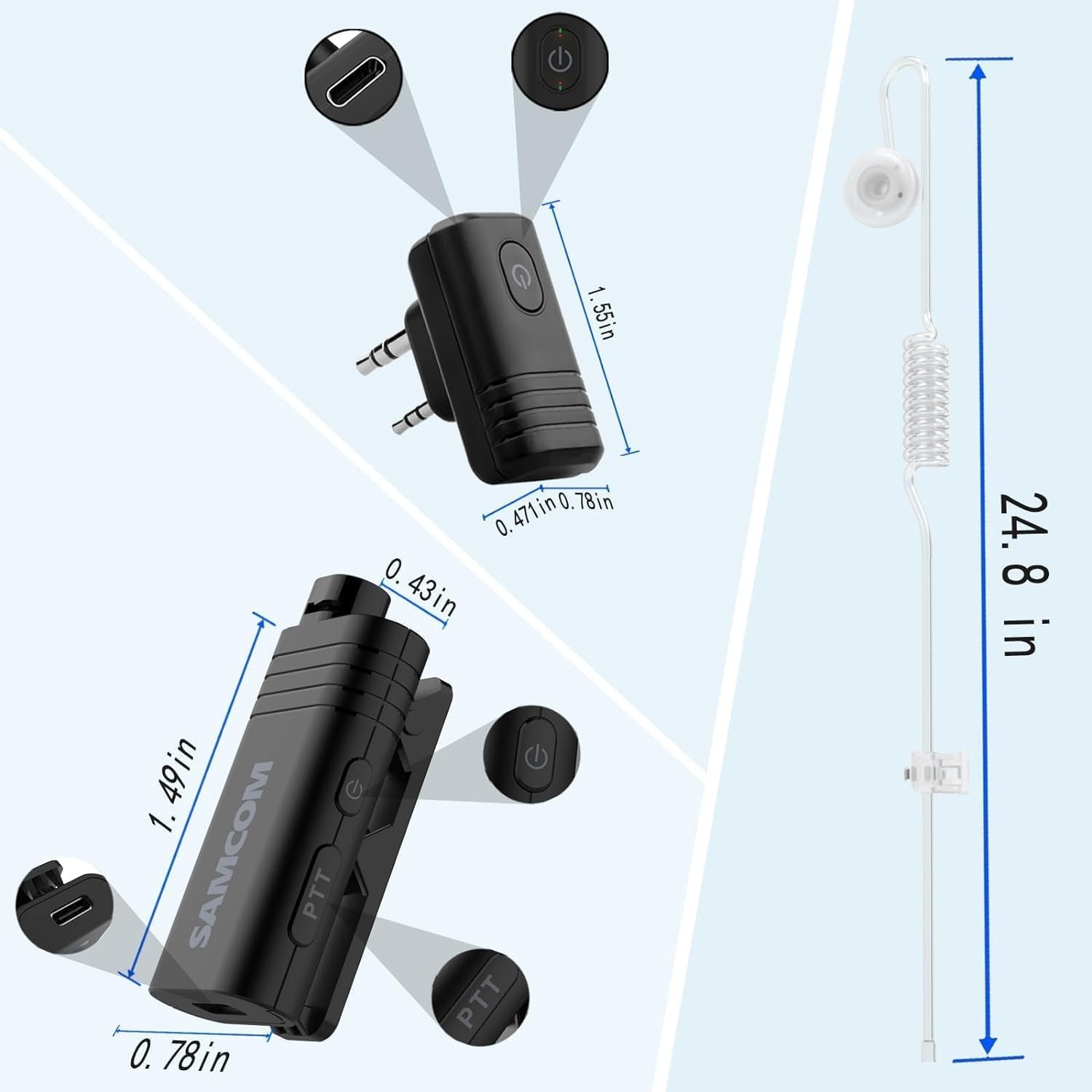SAMCOM BTEAR01 Wireless Earpiece with Clear Airtube Tube 2 Pin Dongle Black