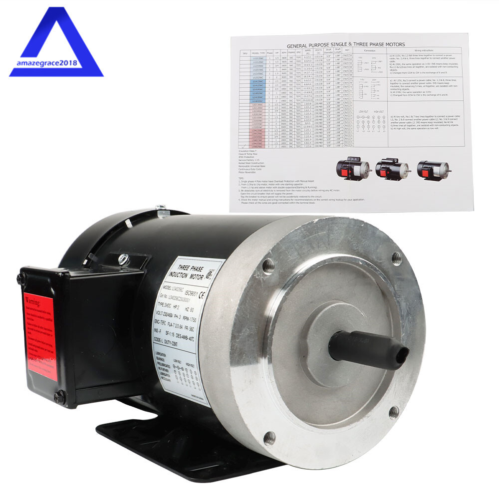 2 HP 3 Phase General Electric Motor 56C Frame 1800 RPM TEFC 230 / 460 Volt