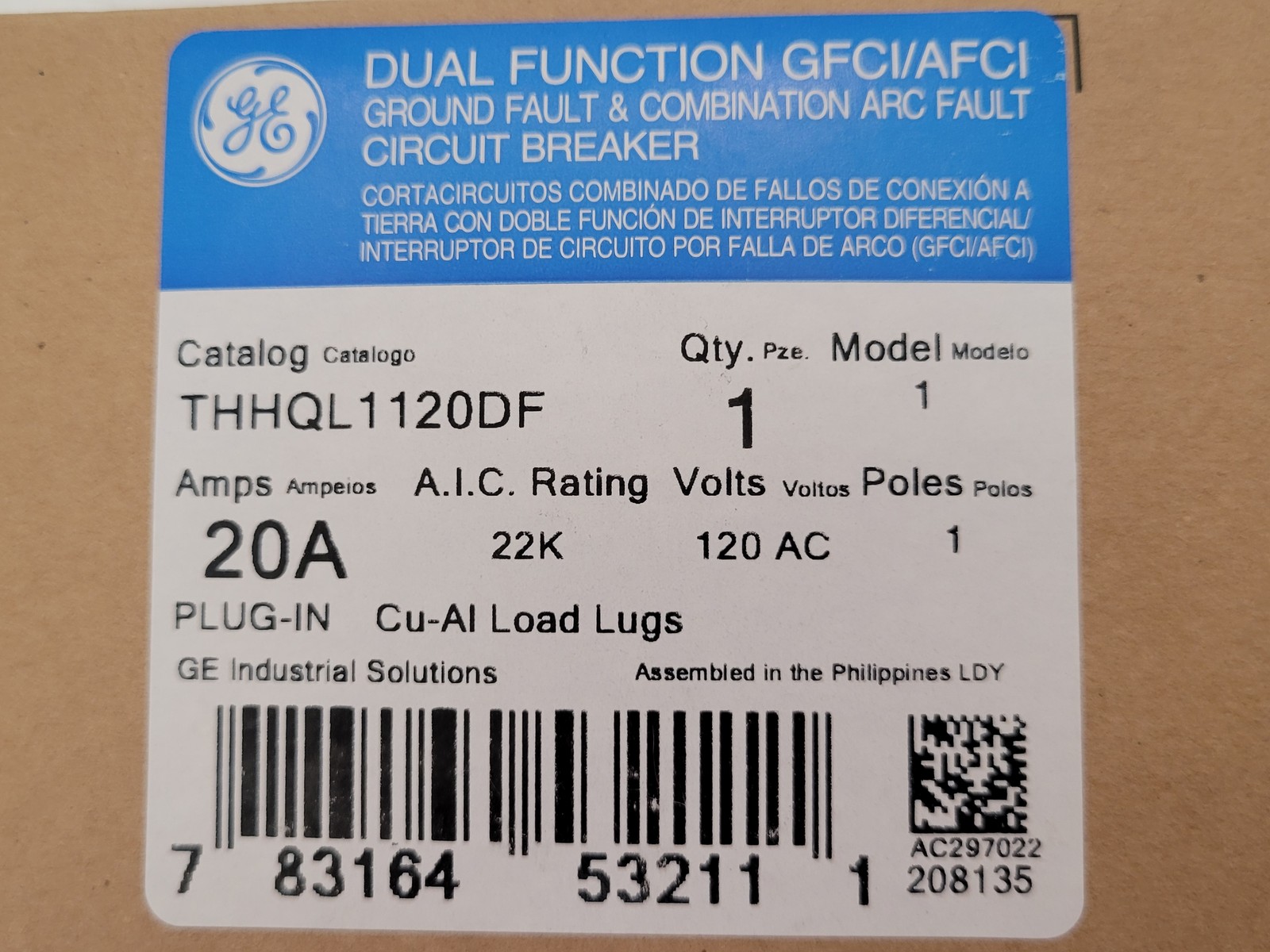GE General Electric THHQL1120DF Plug-IN Circuit Breaker 20A 1P 120V Dual Functio