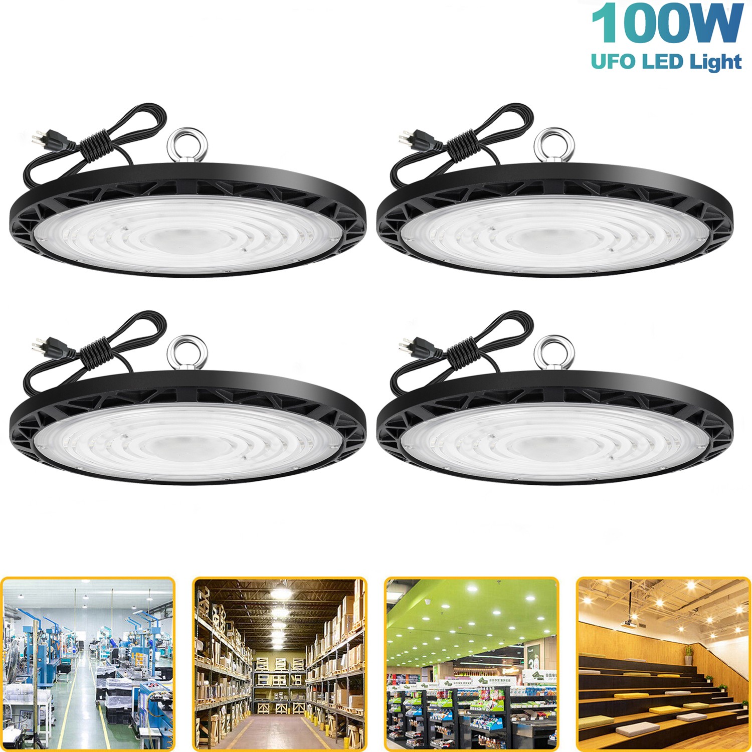 4Pcs 100W UFO Led High Bay Light Industrial Commercial Factory Warehouse 90-277V