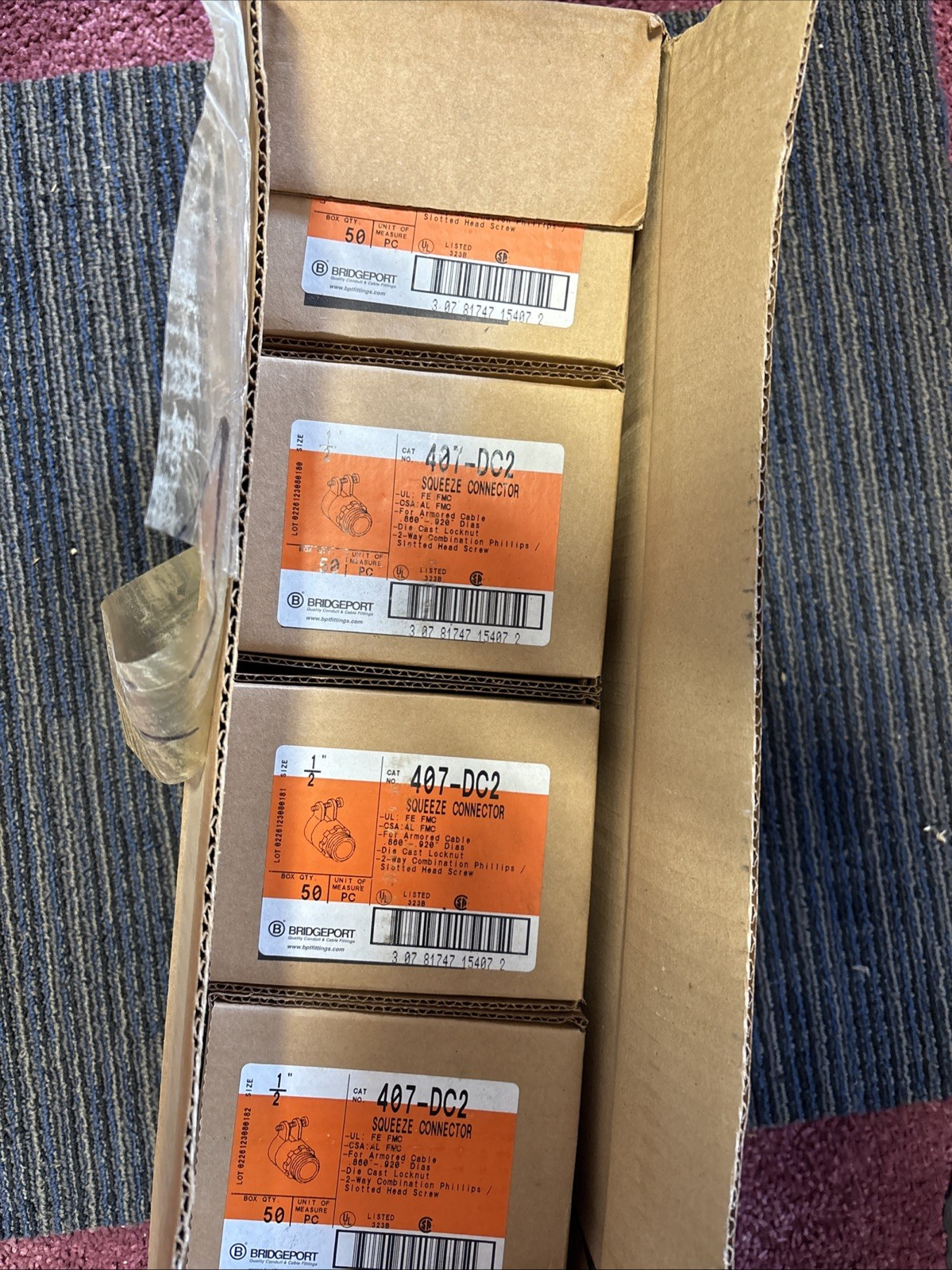 50 pc New Bridgeport 407-DC2 1/2” Steel FMC Squeeze Connectors .86”-.92” #309