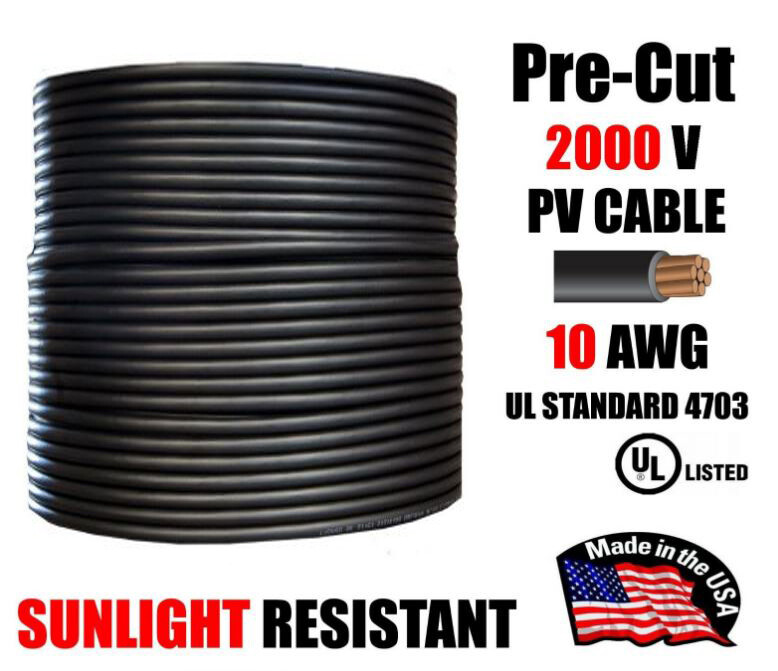10 AWG PV Wire Black Solar Cable 1000/2000V Copper – Pre-Cut 50–500 Ft