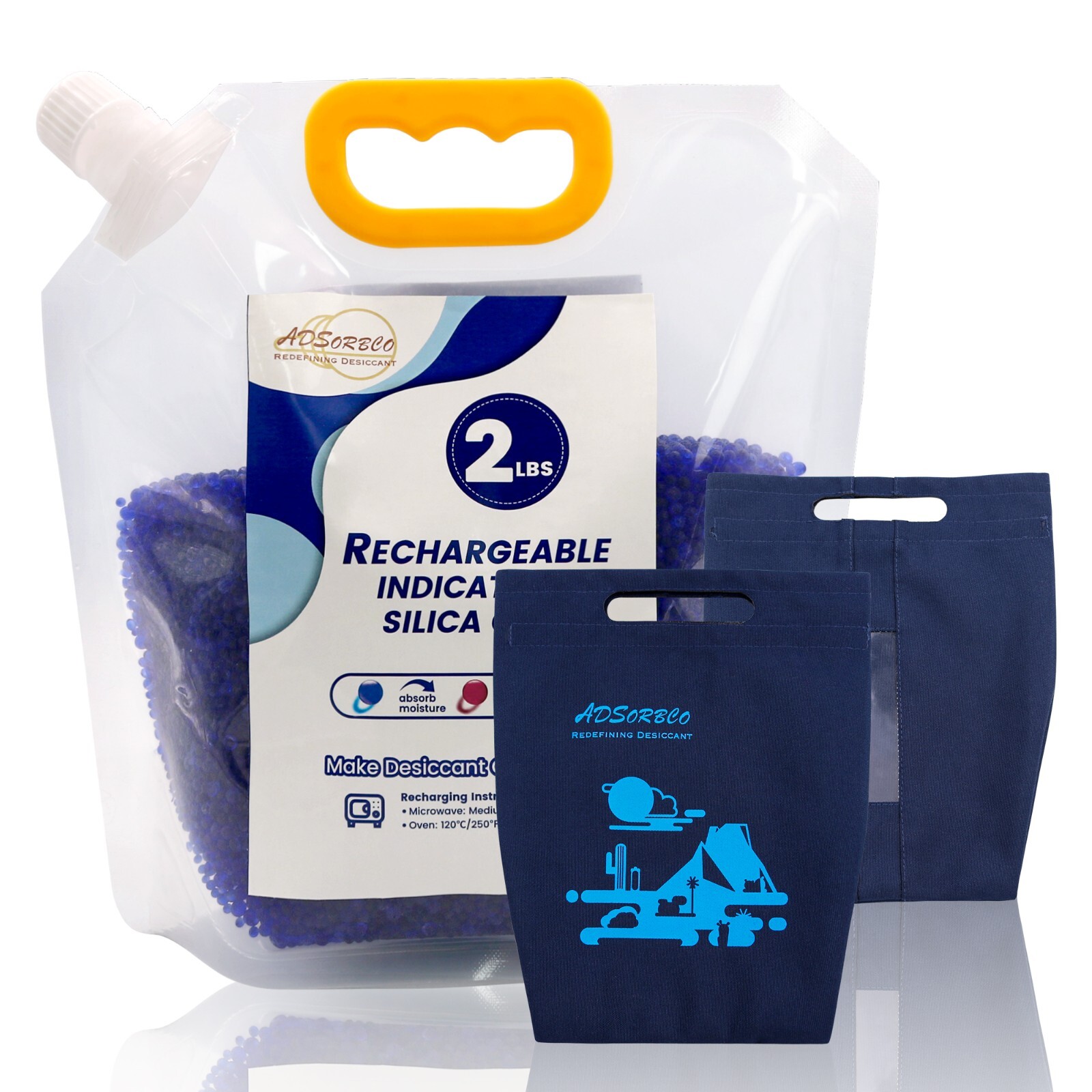 Adsorbco 2 lb Blue Silica Gel Packets with a Hook and Loop Canvas Bags