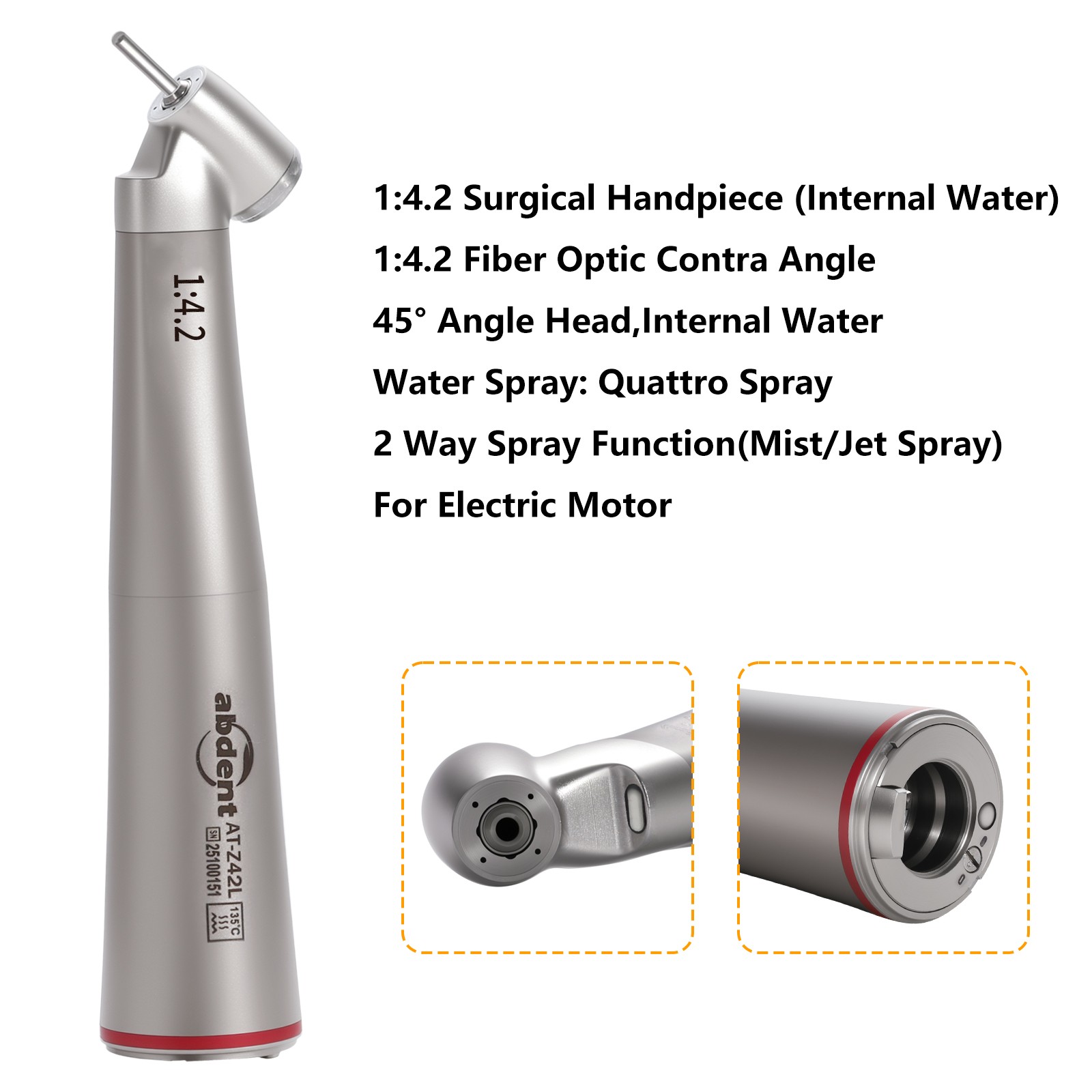 abdent 45° Angle Head Contra Angle LED Optic 1:4.2 Handpiece Inner Water Spray