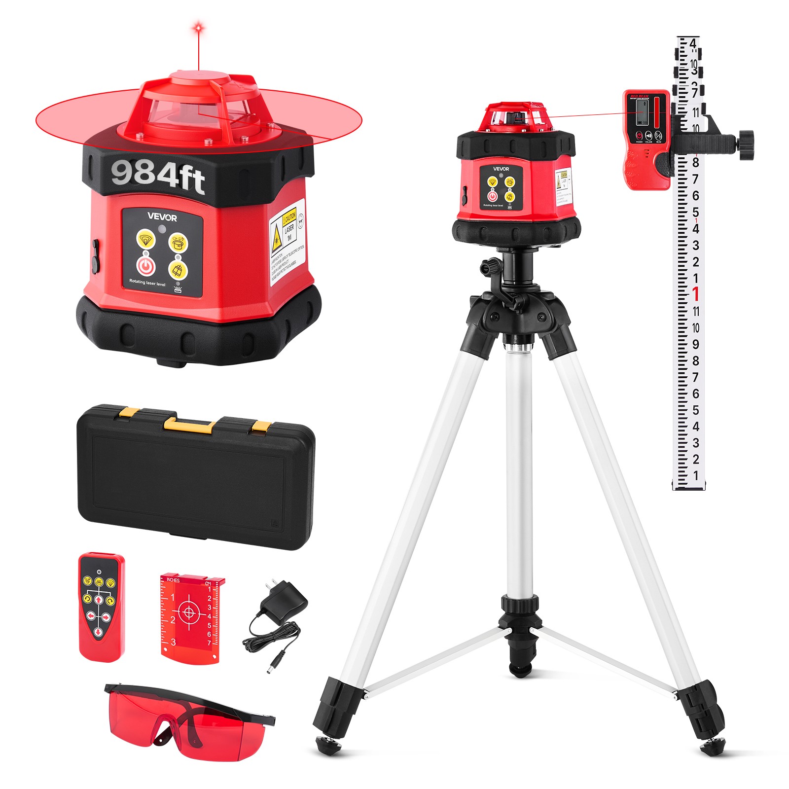 VEVOR 984ft Rotary Laser Level Kit Self Leveling Red Line with Tripod IP54