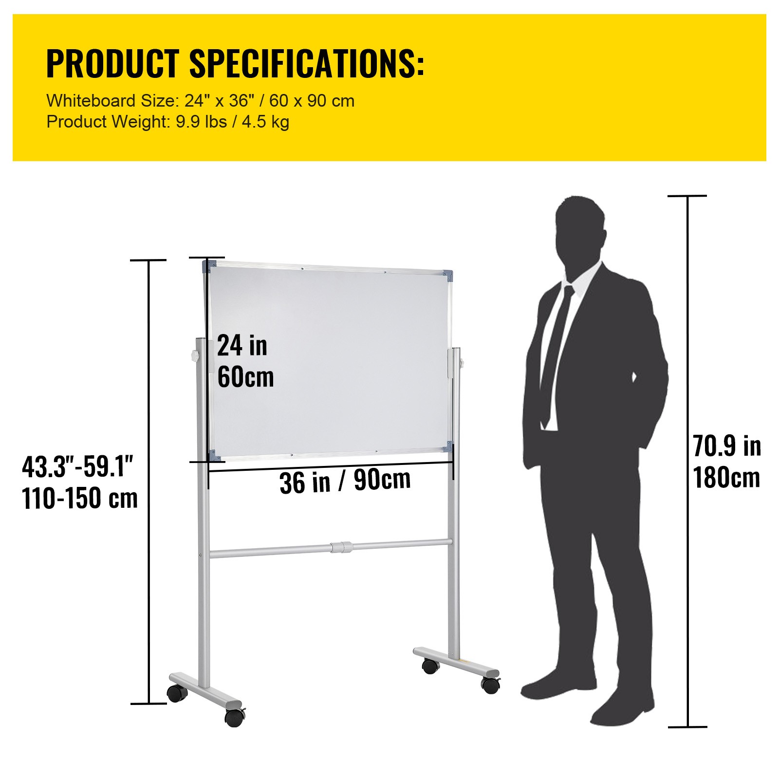 VEVOR Double Sided Magnetic Whiteboard 36″ x 24″ Mobile Dry Erase Board w/Stand