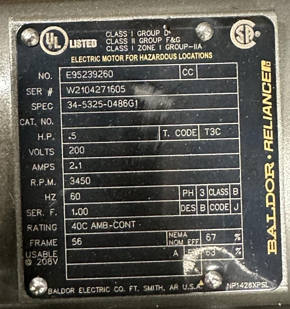 BALDOR #E95239260 / #34-5324-0486G1 0.5HP 200 V 3PH 3450 RPM, 56 FRAME