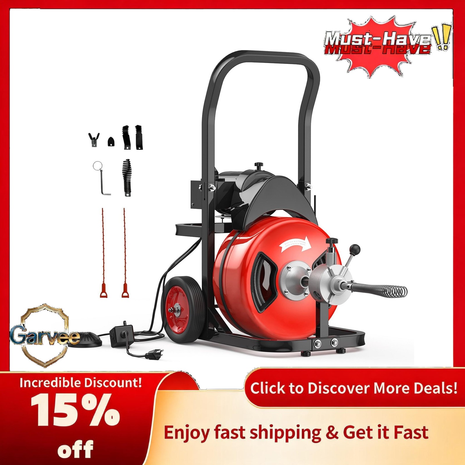 750W Drain Cleaner Machine 100FT Steel Cable 1/2 Inch Electric Portable Sewer