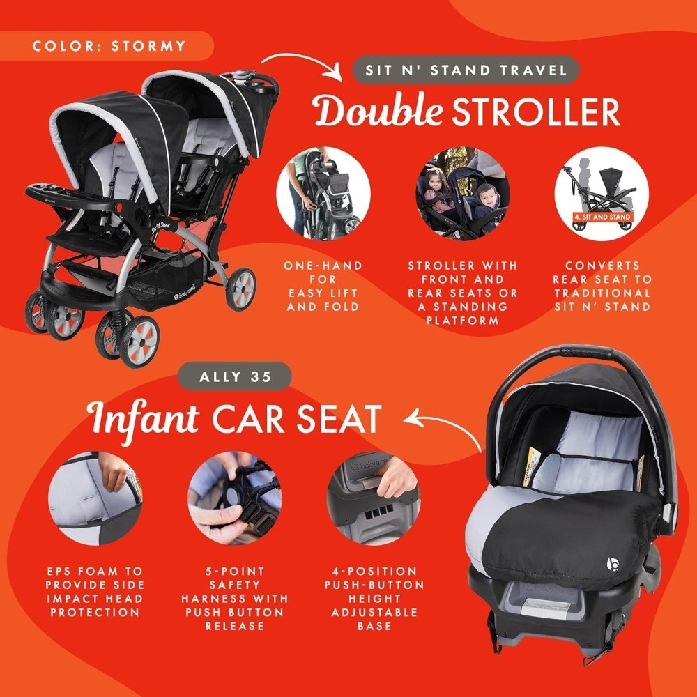 Portable Lightweight Tandem Double Stroller and Infant Car Seat Travel System
