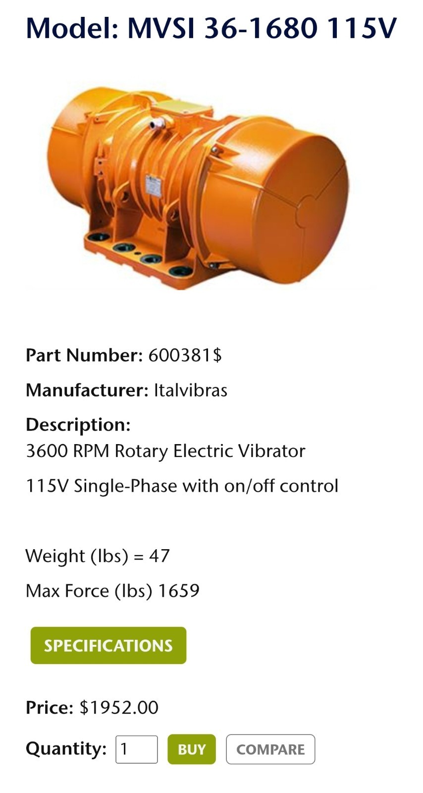 ITALVIBRAS MVSI 36-1680 Single Phase 115VAC Vibrator 1659 lbs 3600 RPM – NEW