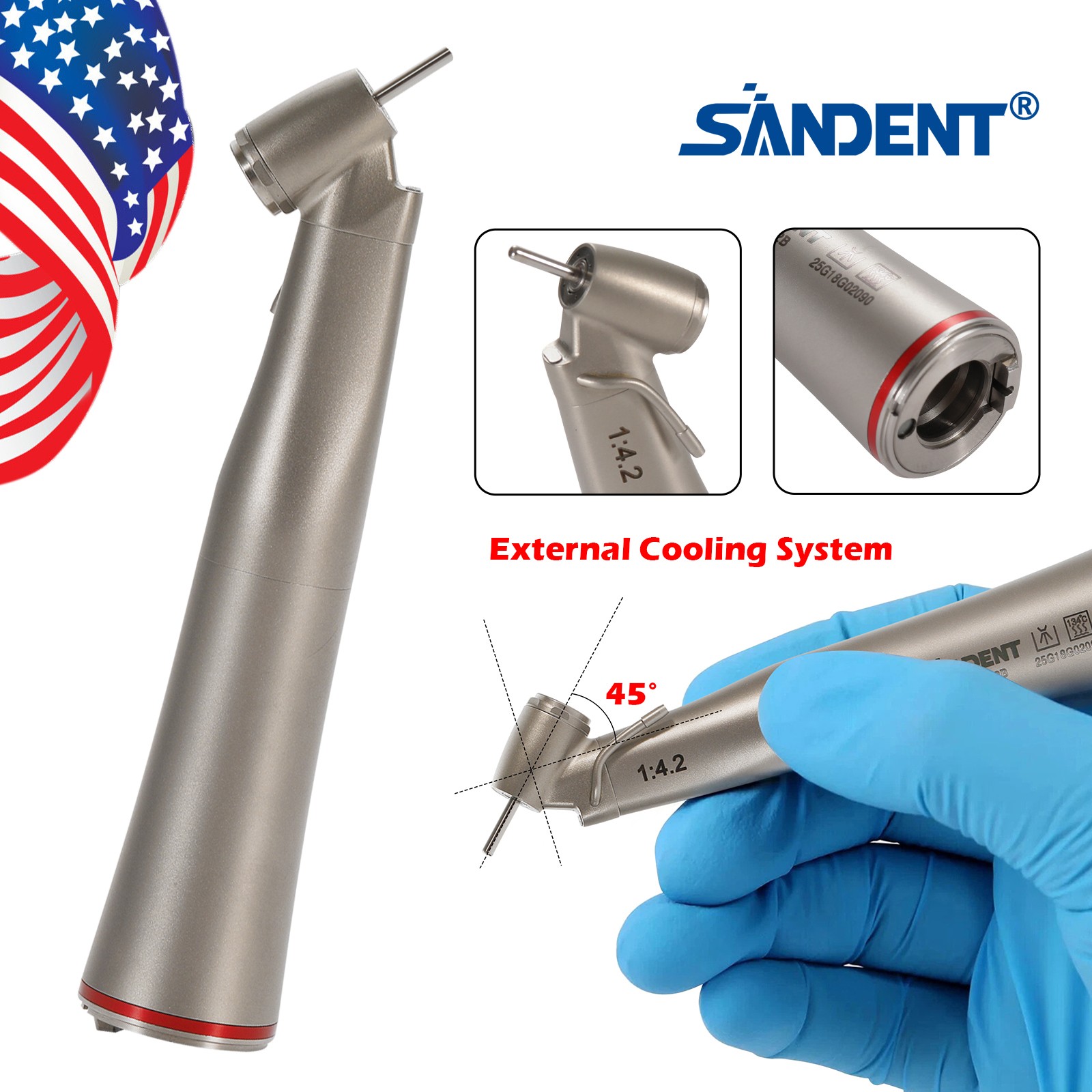 Dental Optic Fiber LED 1:4.2 Increasing Handpiece 45°Angle Head External Channel